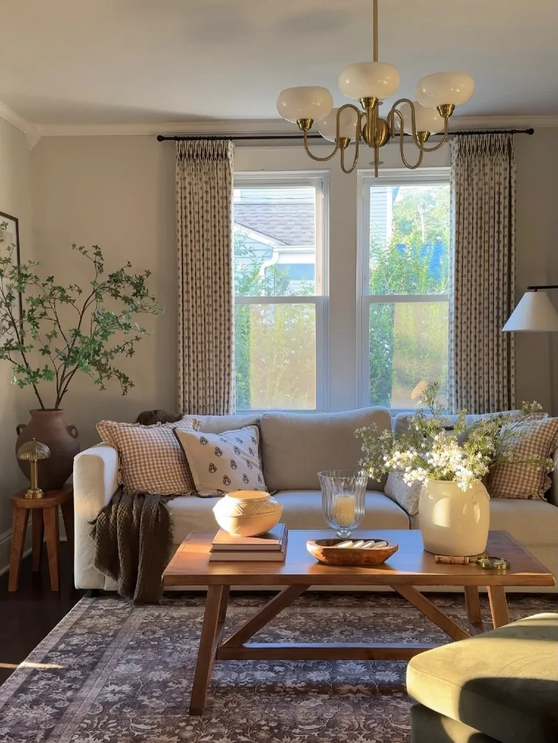 Small Print Floor Length Curtains on a Slim Black Rod