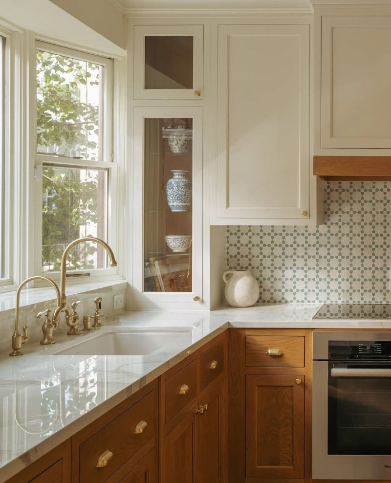  Soft Green Geometric Mosaic Tile with Warm Walnut Cabinets