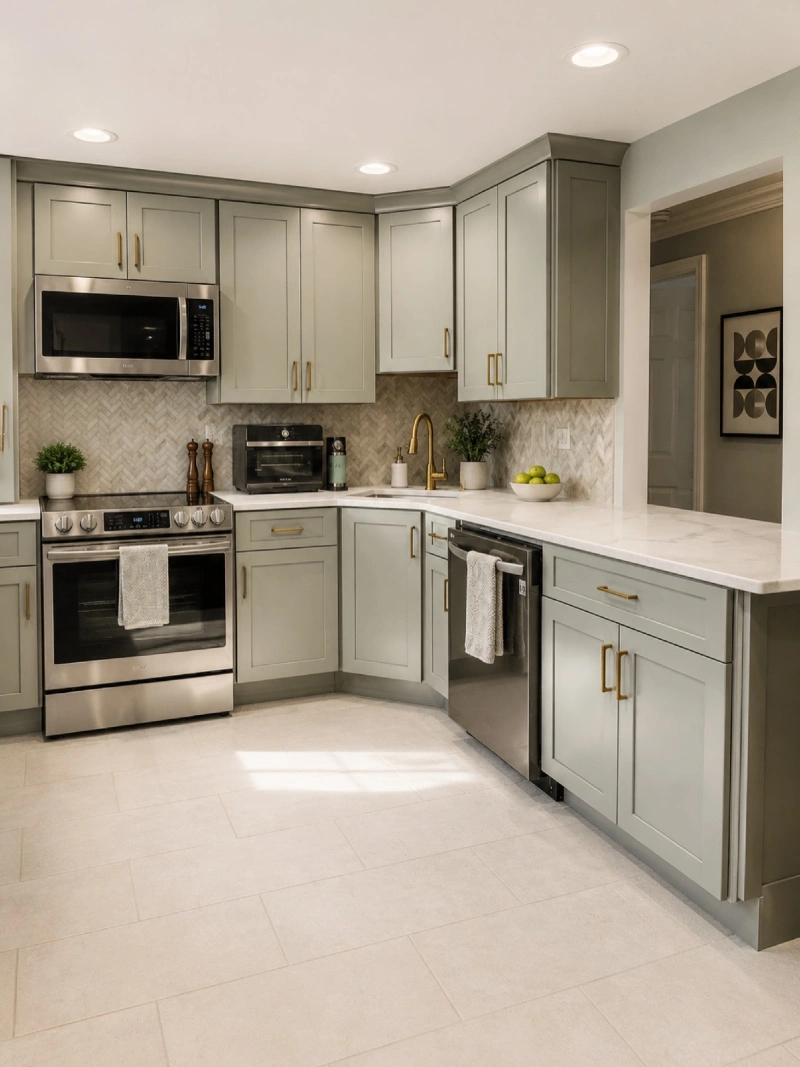 Soft Marble Herringbone Backsplash with Sage Gray Cabinets and Brass Hardware