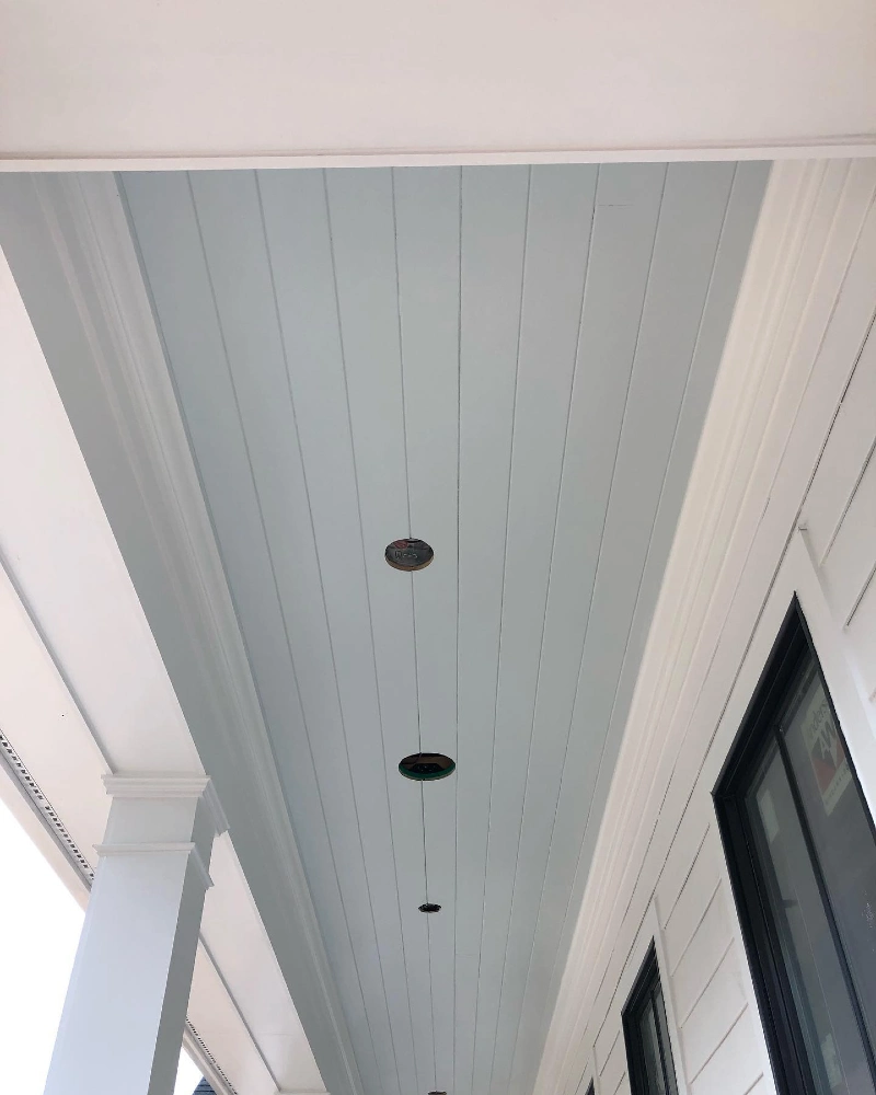Soft Robin Egg Blue V-Groove Ceiling with Recessed Light Openings