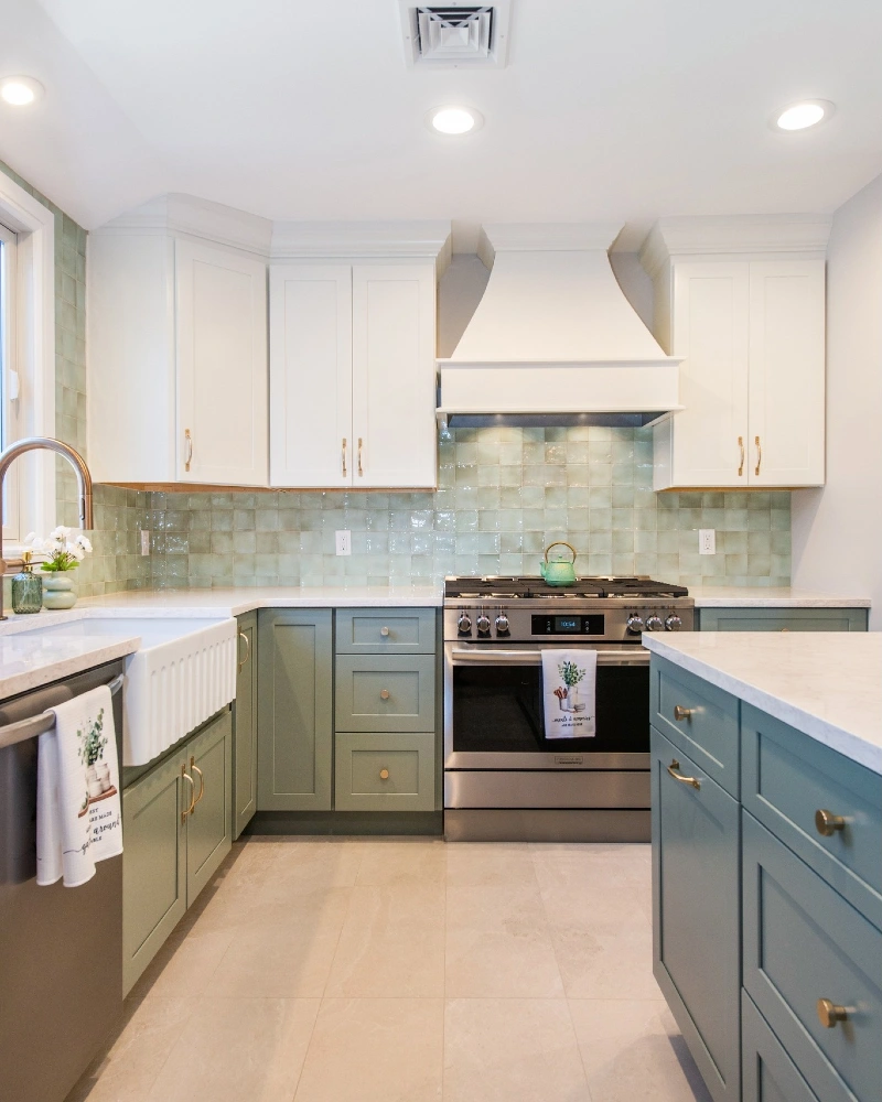 Soft Sage Square Tile with Two Tone Green Cabinetry