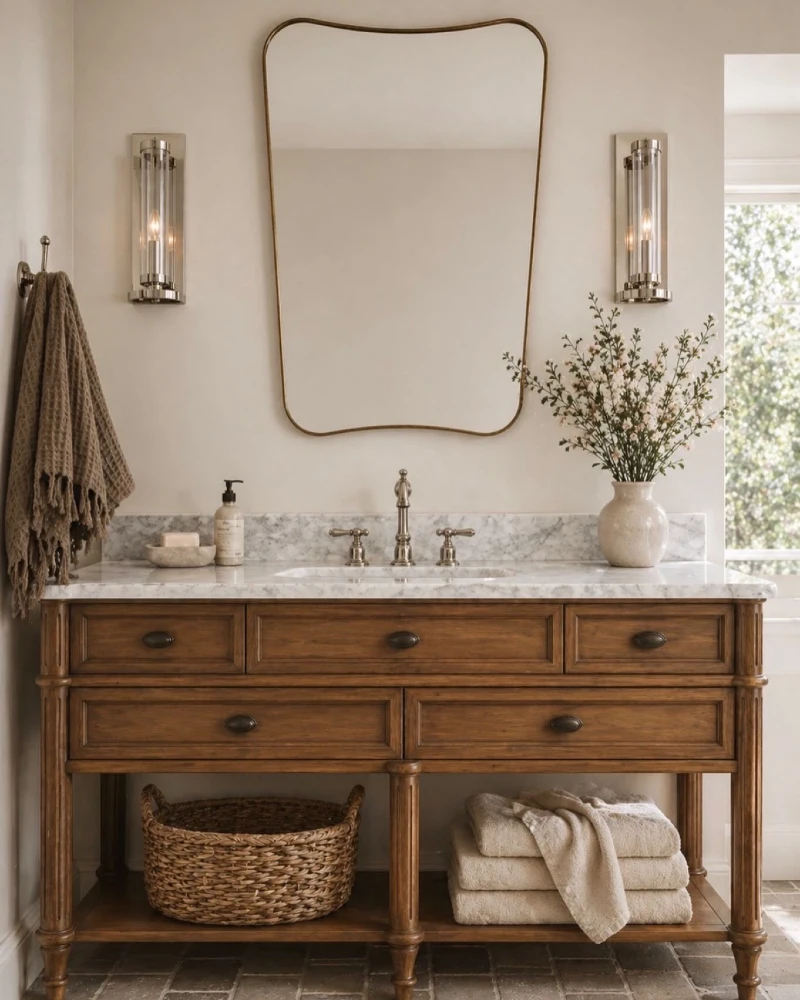 Softly Rounded Rectangular Mirror above a Wooden Vanity