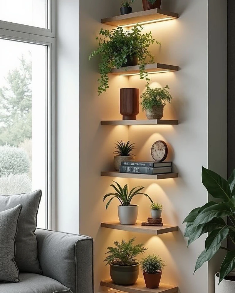 Stacked Wood Floating Shelves with Warm Lighting and Cascading Plants