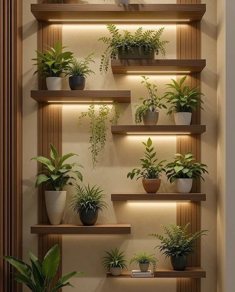 Staggered Walnut Wood Ledges with Potted Greenery