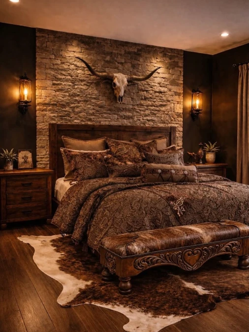 Stone Accent Walls and Amber Lantern Sconces