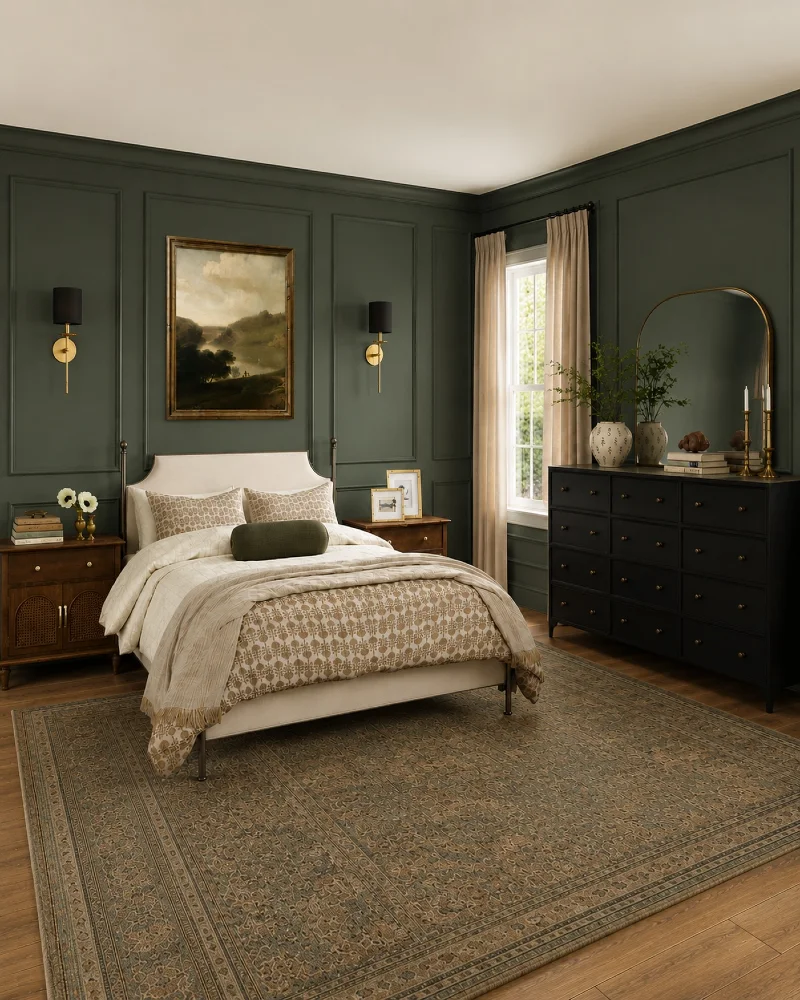 Taupe Patterned Bedding with Olive Bolster and Cream Layers