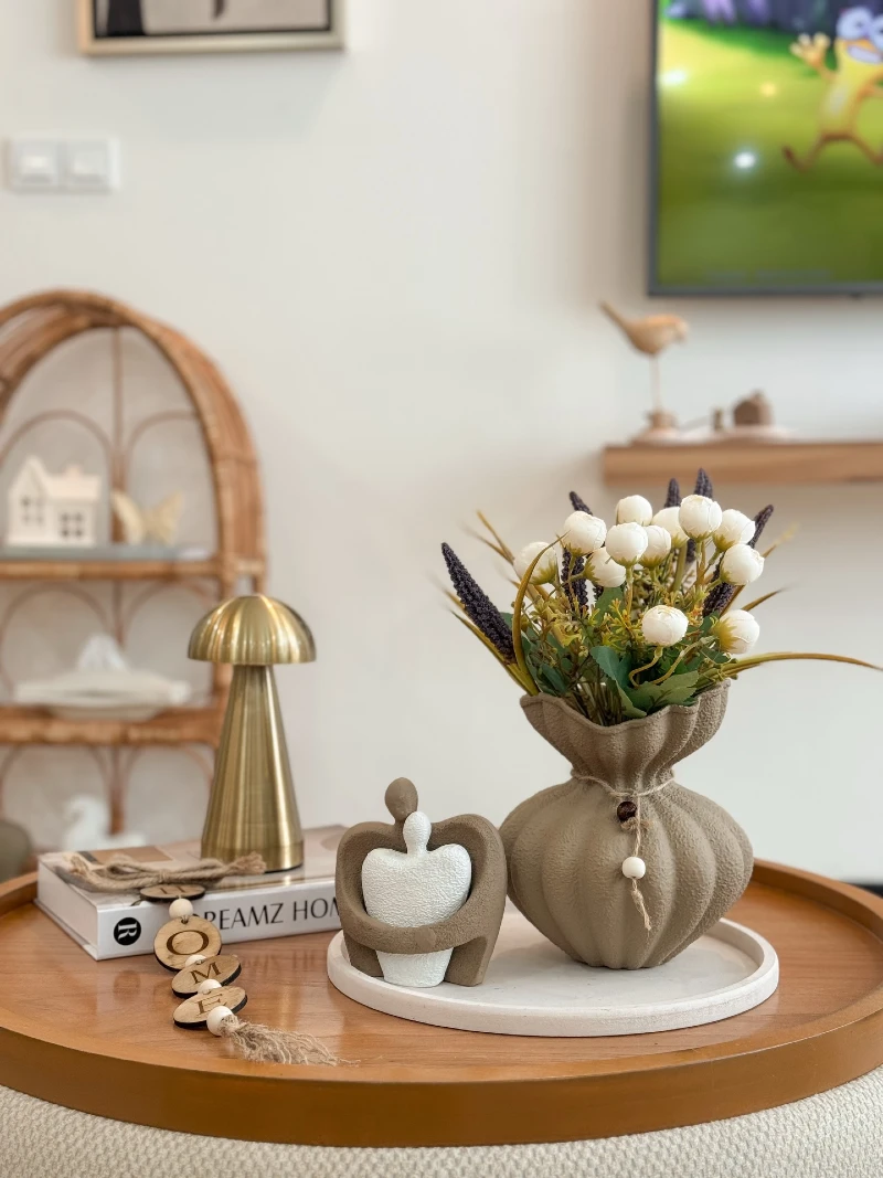 Taupe Scalloped Ceramic Vase and Abstract Figurine on White Tray