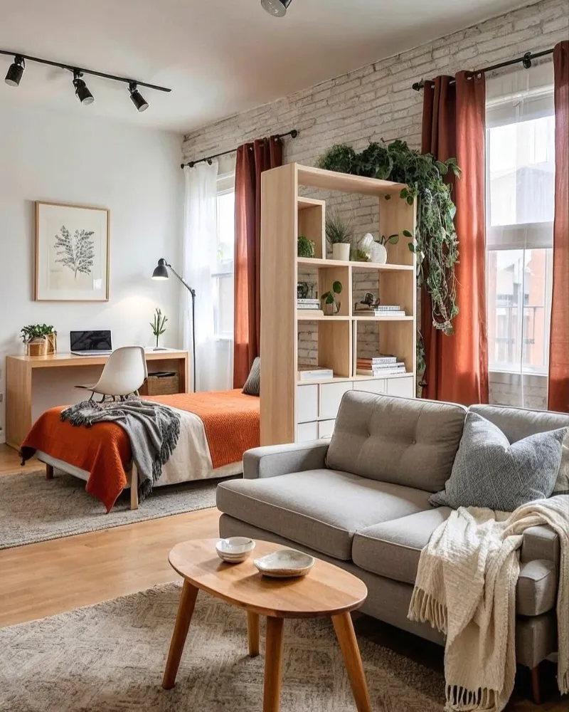 Terracotta Curtains with Open Bookshelf Room Divider and Exposed Brick Wall