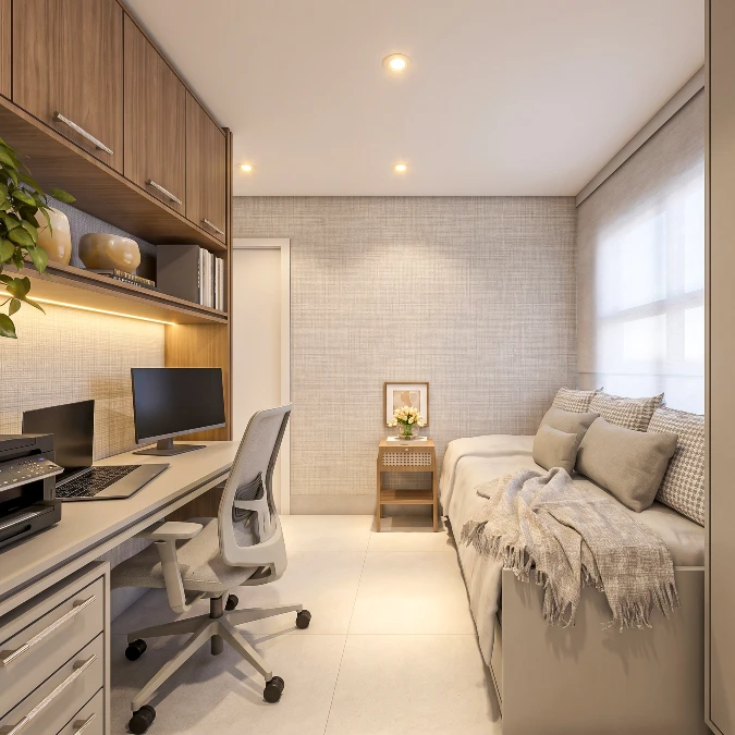 Textured Grasscloth and Warm Wood Balance a Tight Office