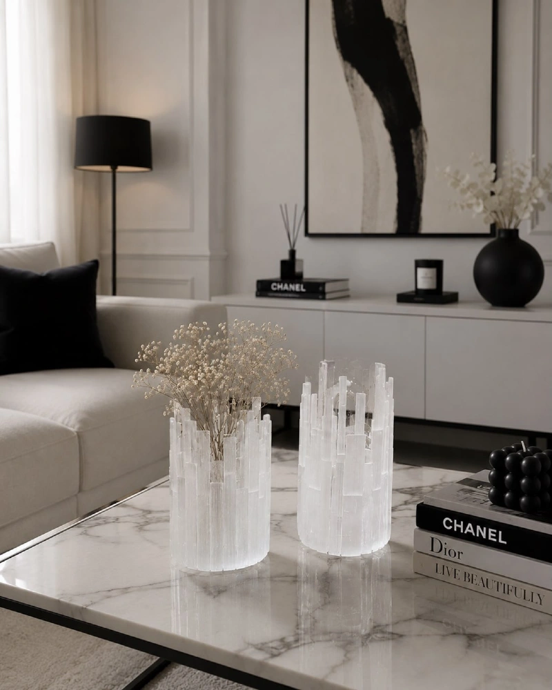 Translucent Textured Crystal Vases with Delicate Dried Florals on Marble Coffee Table