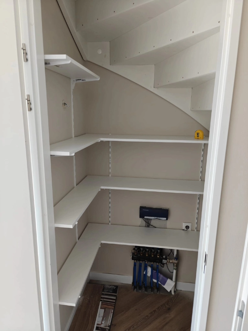 Under-Stairs L-Shaped White Floating Shelves