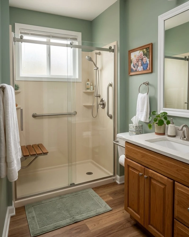 Walk-In Shower with Fold-Down Teak Bench Seat and Brushed Nickel Safety Bars
