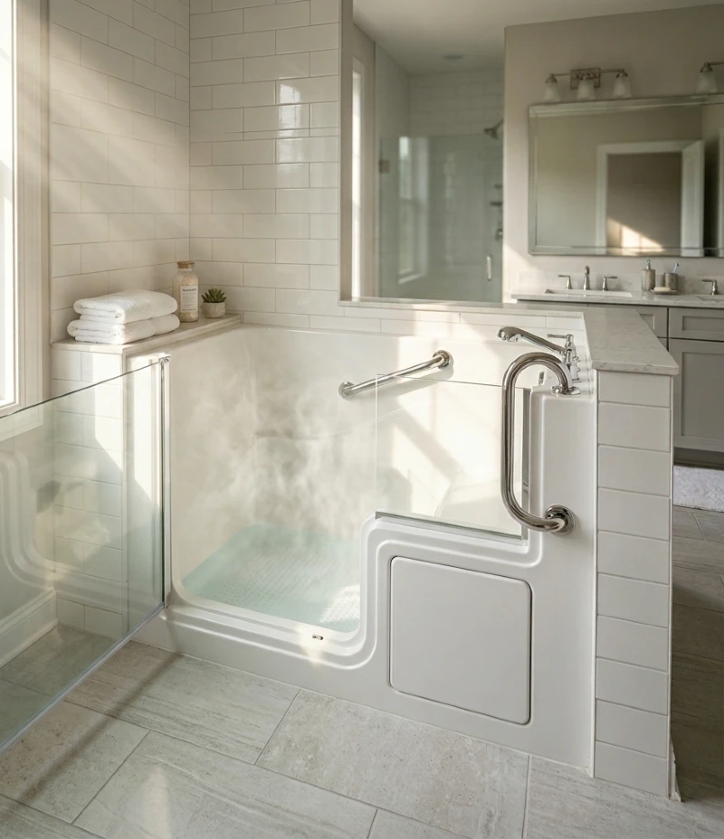 Walk-In Soaking Tub with Glass Entry Door and Built-In Chrome Handrails