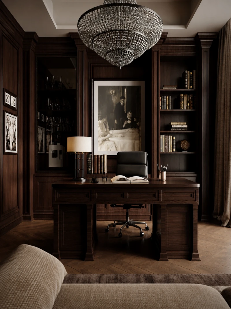 Walnut Paneled Study with Monumental Desk and Crystal Chandelier