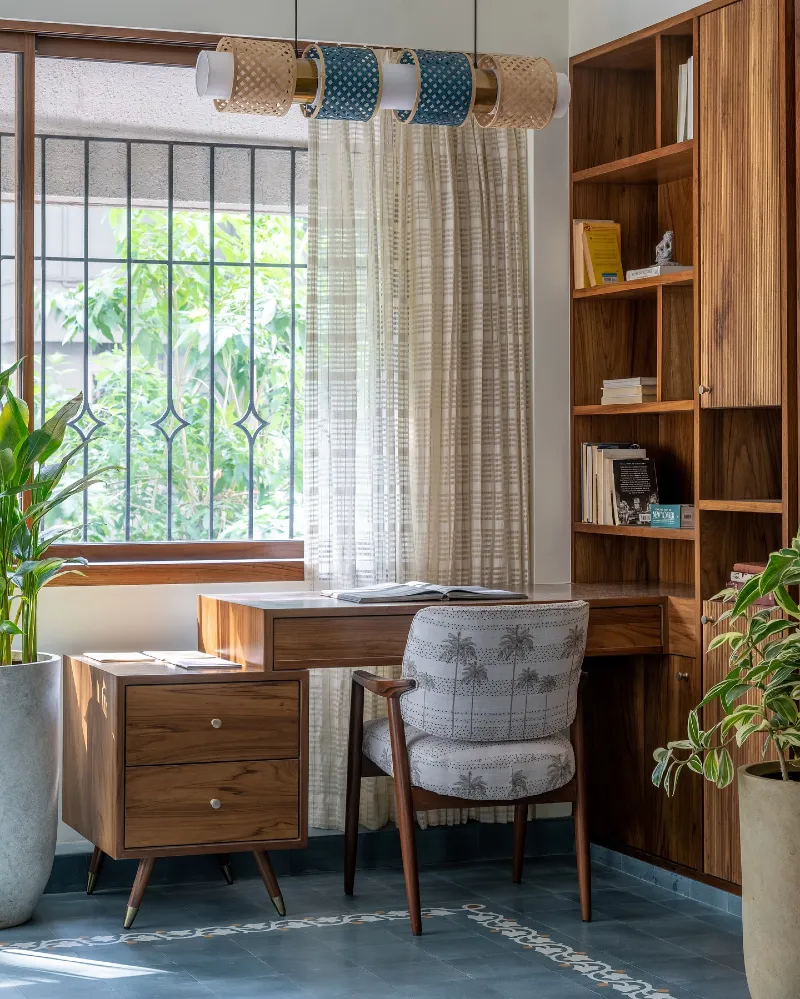 Walnut Window Desk with Built In Shelving and Patterned Chair
