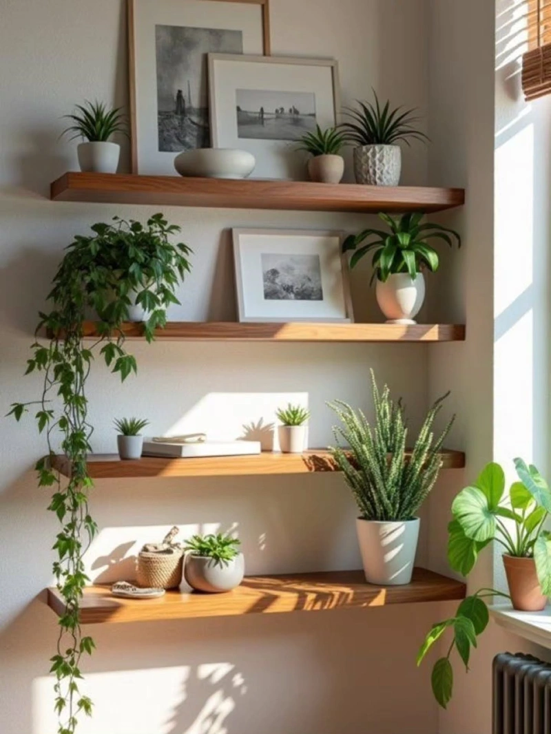 Warm Wood Floating Shelves with Sunlit Plants and Layered Photography