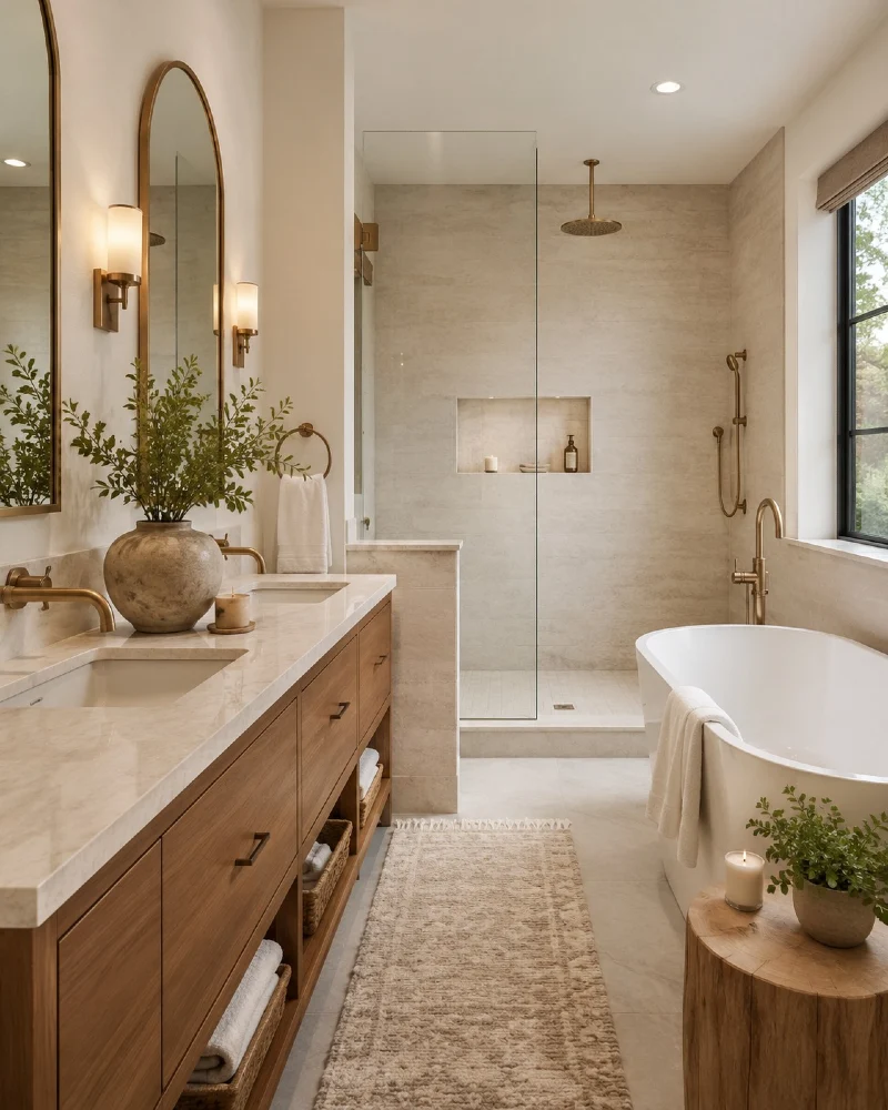Warm Wood Vanity with Arched Brass Mirrors and Woven Runner