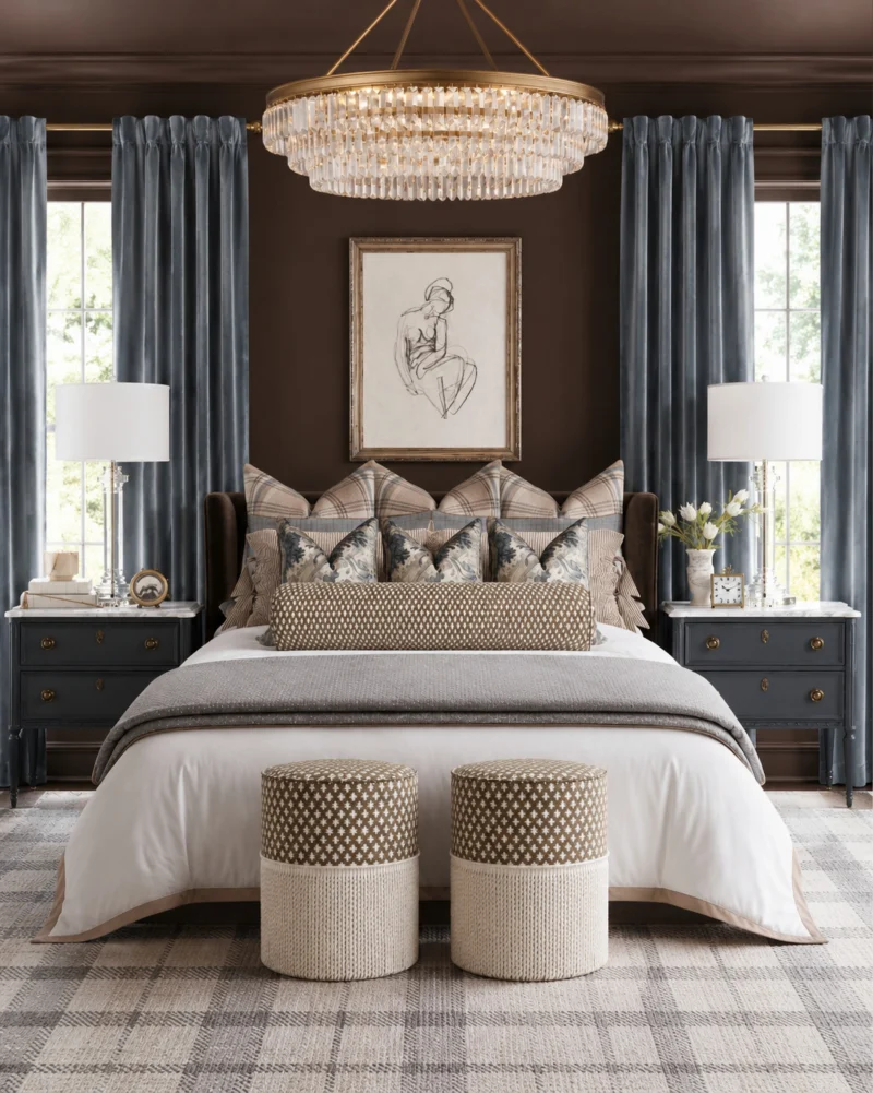 White Bedding with Taupe Coverlet and Layered Plaid Pillows
