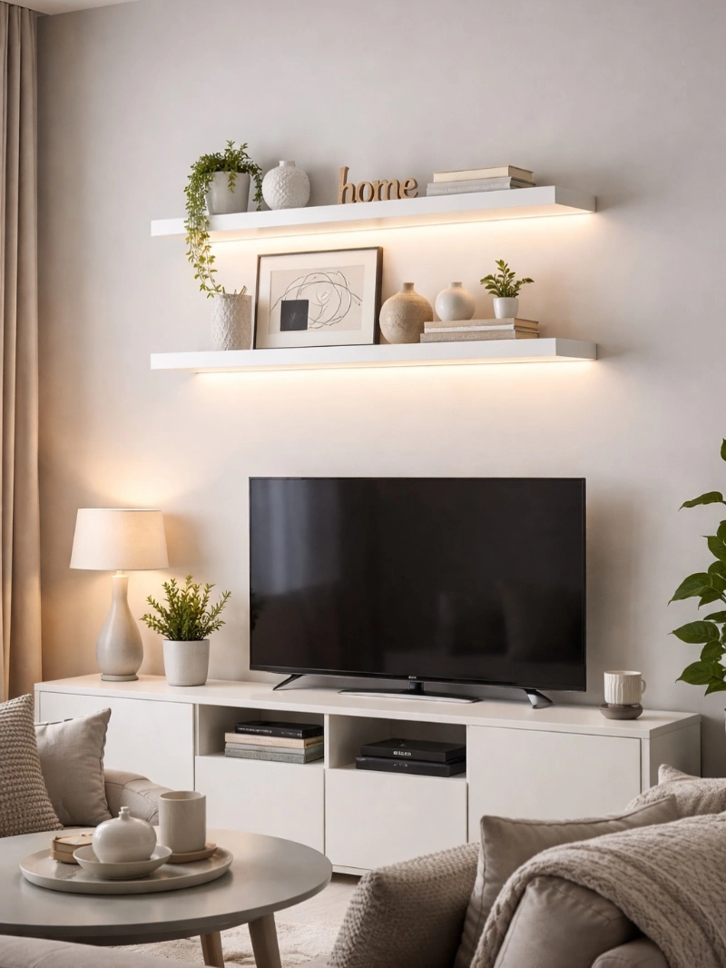 White Floating Shelves with Warm Underlighting and Layered Neutral Decor