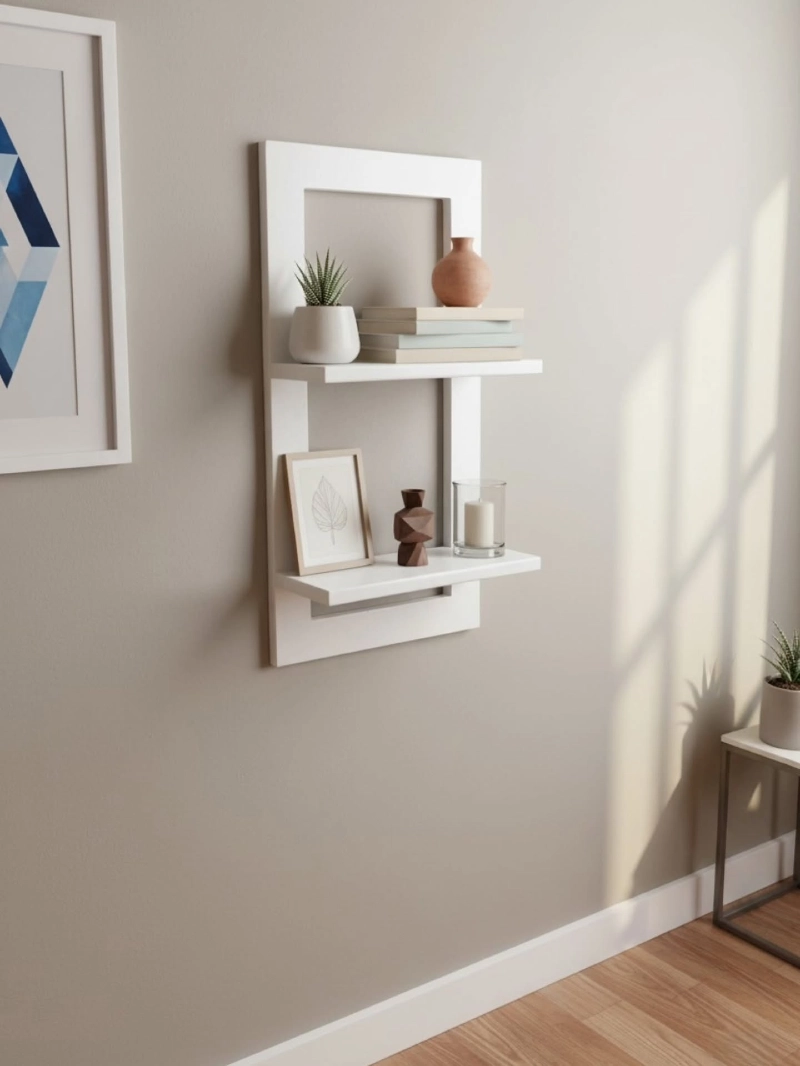 White Frame Shelves with Stacked Books and Sculptural Decor