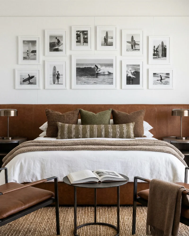 White Linen Bedding with Olive Pillows and a Chunky Taupe Throw