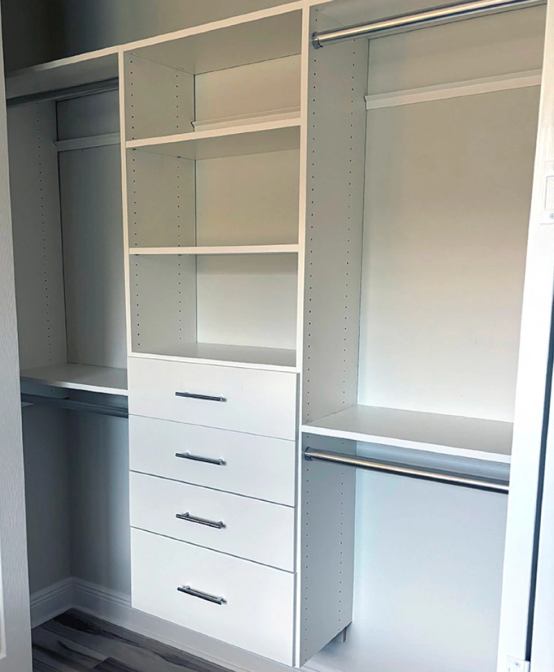 White Modular Walk-In Closet System with Built-In Drawers