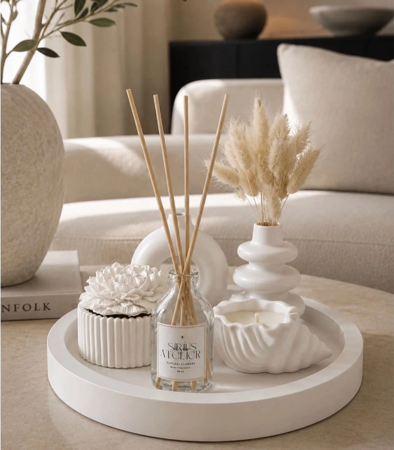 White Round Tray with Reed Diffuser, Shell Candle, and Ceramic Accents
