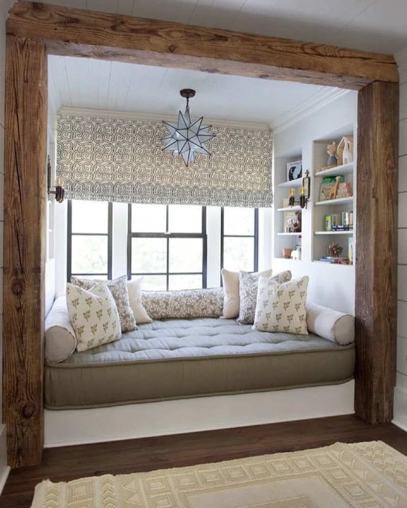 Wide Patterned Roman Shade Above a Deep Window Daybed