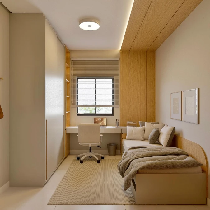Wood Ceiling Canopy Defines the Sleep Zone