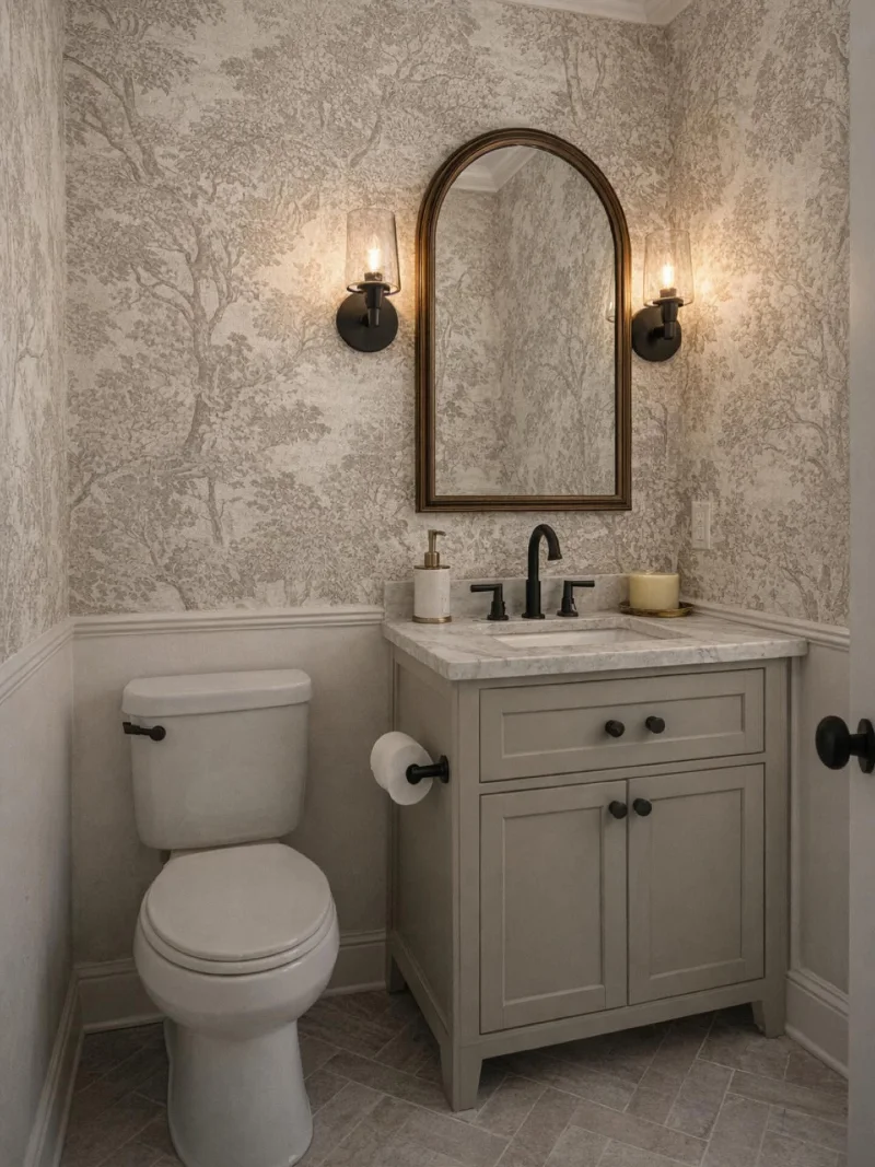 Wood-Framed Arched Mirror against Toile Wallpaper