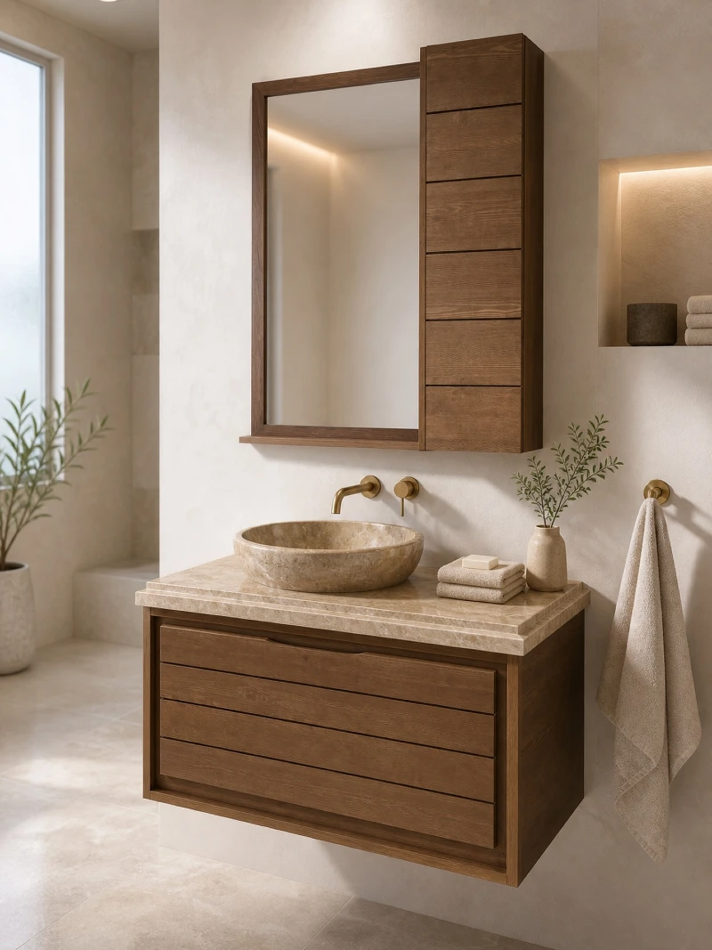 Wood-Framed Cabinet Mirror with Integrated Slatted Storage