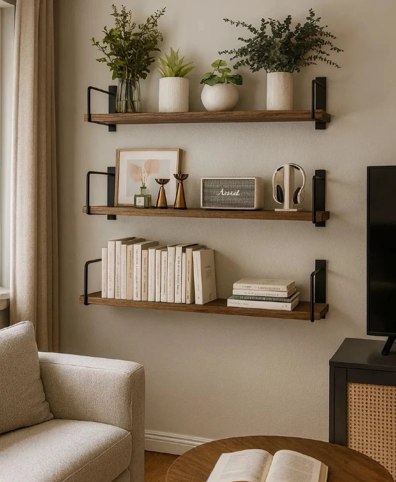 Wood Shelves with Black Rail Brackets, Books, and Greenery