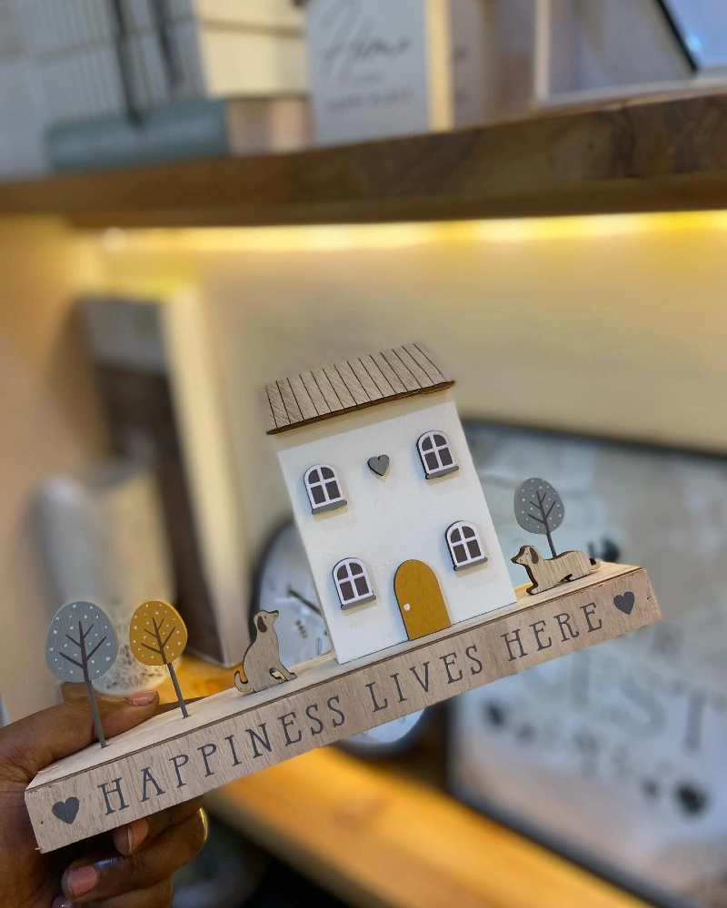 Wooden Happiness Lives Here House Block with Miniature Dogs and Trees