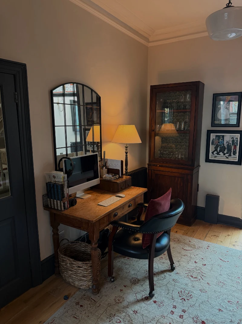 Worn Wood Writing Desk with Arched Mirror and Glass Front Cabinet