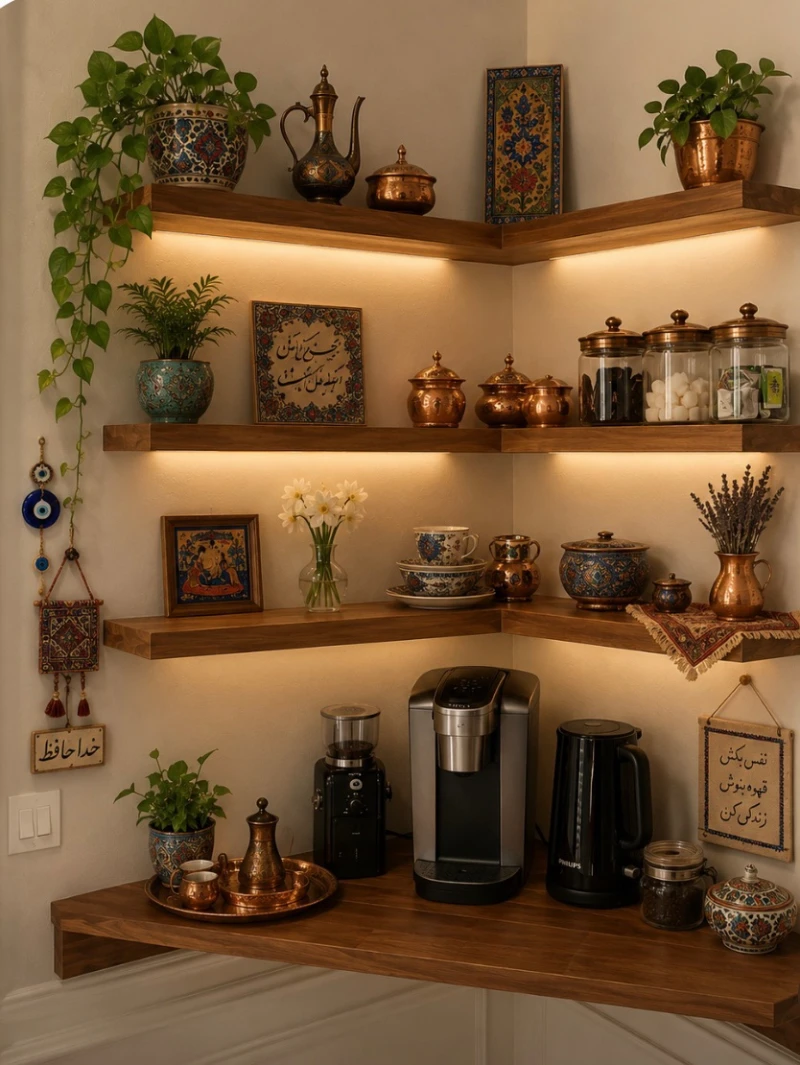 Wraparound Walnut Shelves with Copper Pots, Patterned Ceramics, and Warm Lighting